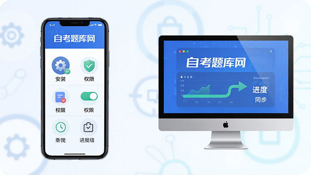 自考题库网移动端使用教程示意图,主体为手机与电脑双端展示,布局左右对比,排版清晰,风格为科技教育类插画,细节包含安装步骤图标、权限开关、进度同步箭头,画质高清,干净,无多余元素,画面中文字“自考题库网”