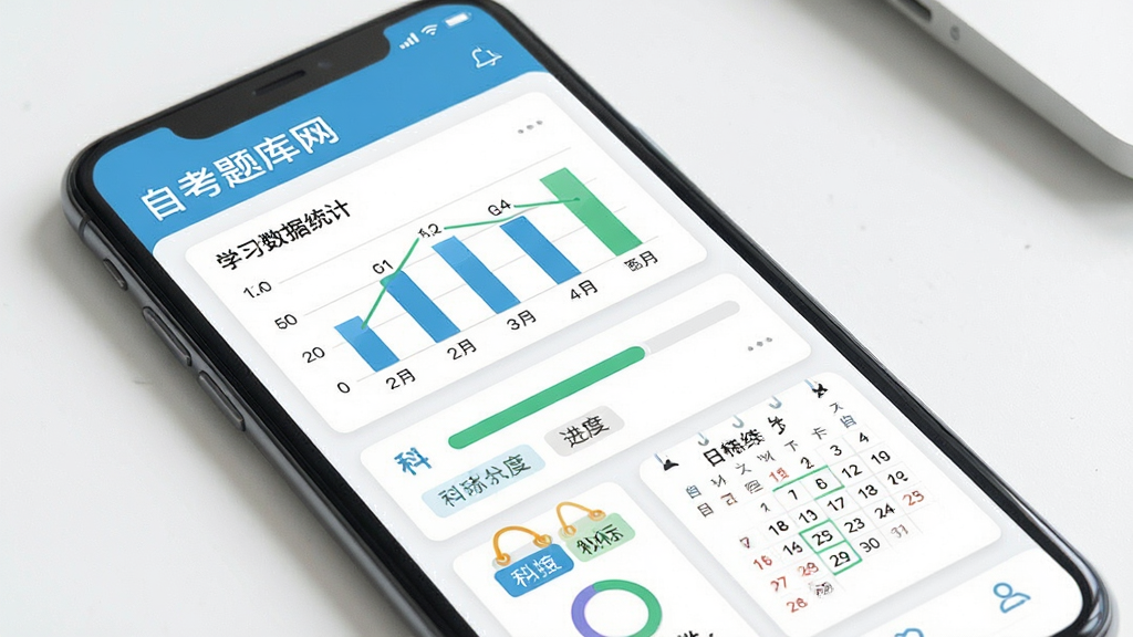 自考题库网学习数据统计页面,主体为手机屏幕展示学习报告图表,布局为卡片式排版,风格为清新简约教育风,细节包含柱状图、进度条、科目标签、日历打卡,画质高清,干净,无多余元素,界面中文字“自考题库网”