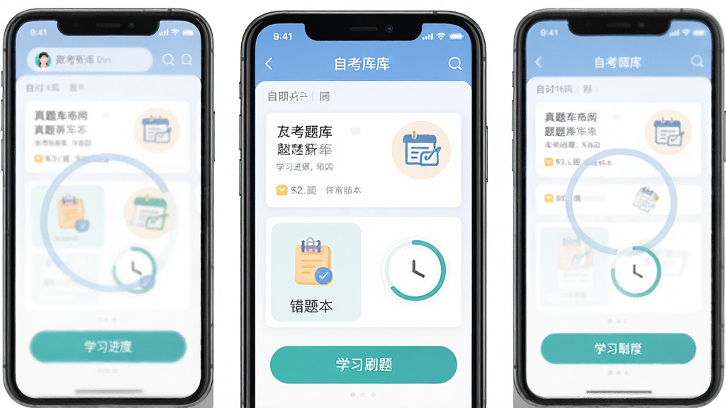 自考题库网手机应用主界面,主体为一部竖屏智能手机,屏幕显示题库首页与刷题按钮,布局居中,排版简洁明快,风格为现代教育类App扁平设计,细节包含真题卡片、错题本图标、学习进度环,画质高清,干净,无多余元素