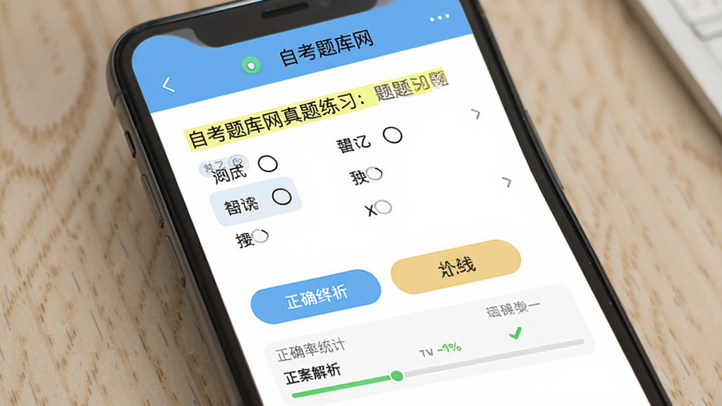 自考题库网真题练习页面,主体为手机屏幕内展示选择题与答案解析,布局上下结构,排版清晰,风格为清爽学习类界面,细节包含题干高亮、选项按钮、正确率统计,画质高清,干净,无多余元素,屏幕中文字“自考题库网”