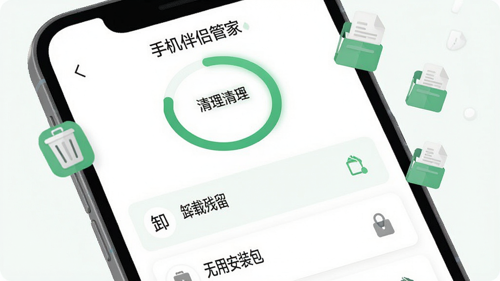 “手机伴侣管家”清理界面特写,屏幕显示扫描出的垃圾文件分类列表,包括缓存垃圾、卸载残留、无用安装包等,界面以白色和绿色为主色调,顶部有圆形清理进度条,周围漂浮着垃圾桶和文件图标,风格清新扁平化,布局清晰有序,画质干净高清,无杂乱元素