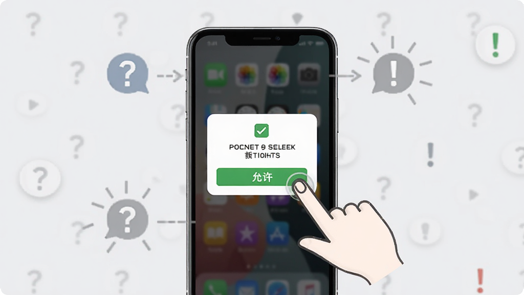 手机伴侣管家新手引导界面截图风格,一部手机展示权限授予弹窗,旁边有手指点击“允许”按钮的示意图,背景为浅灰色,带有问号和感叹号图标点缀,风格简洁说明性,布局清晰,画质高清,干净无杂乱