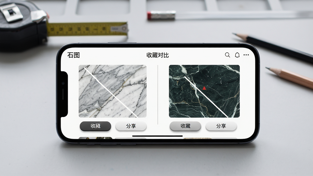 画面中一部手机横屏展示“石图”应用内的收藏对比界面,左右两侧并排显示两种不同纹理的大理石图片,下方有收藏与分享按钮,背景为浅灰色工作台,台上放置卷尺与铅笔,布局采用左右对称构图,风格为素雅极简风,细节包含屏幕内对比线条清晰、按钮立体感强、背景虚化自然,画质高清,干净,无多余元素。