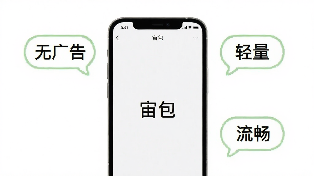 一部手机放置在画面中央,屏幕显示“宙包”的空白创作页面,周围环绕着“无广告”“轻量”“流畅”三个漂浮的文字气泡;布局为居中构图,背景为纯白色;风格为极简清新风,细节上气泡带有淡绿色描边;画质干净,无多余元素