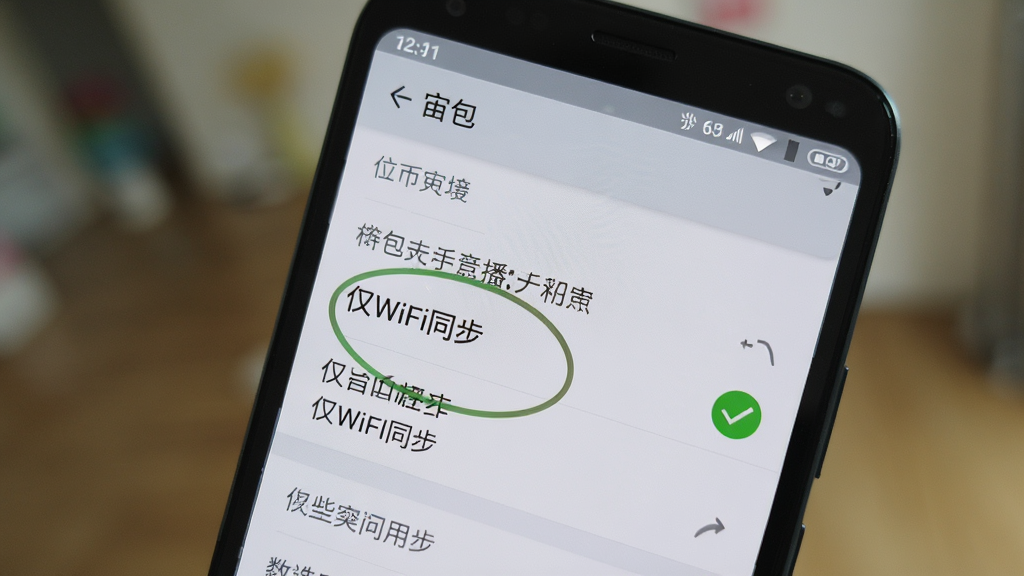 一部安卓手机屏幕显示“宙包”的设置页面,页面中“仅WiFi同步”选项被高亮圈出,旁边有一个绿色对勾图标;布局为手机特写,背景虚化;风格为写实UI风格,细节上设置项文字清晰可辨;画质干净,无多余元素