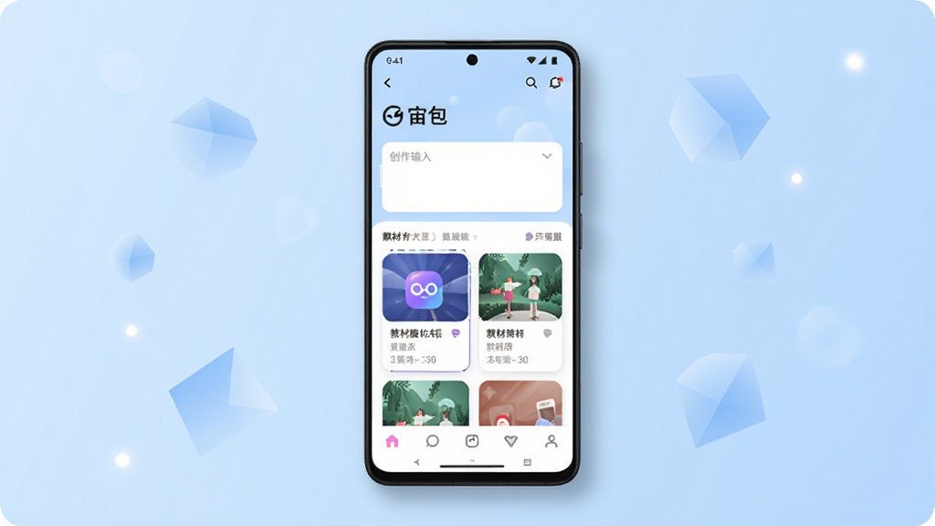 画面中央放置一部安卓手机,手机屏幕显示“宙包”应用主界面,界面包含创作输入框、素材卡片和底部导航栏;布局采用居中构图,背景为浅蓝色渐变,四周散落几个半透明的几何图形和光点;风格为现代科技感扁平插画,细节上手机边缘有柔和阴影,界面文字清晰;画质高清,干净,无多余元素