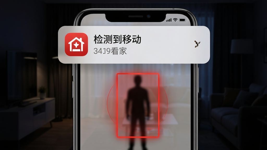 画面主体为一部手机屏幕弹出告警通知卡片,卡片上显示大爱看家的图标和“检测到移动”字样,背景为深色夜间客厅场景,画面中有一个模糊的人影轮廓被红色方框标注,布局为手机居中、通知卡片悬浮于屏幕上方,风格为写实科技风,细节包括红色警示光圈、时间显示,画质高清,干净,无多余元素