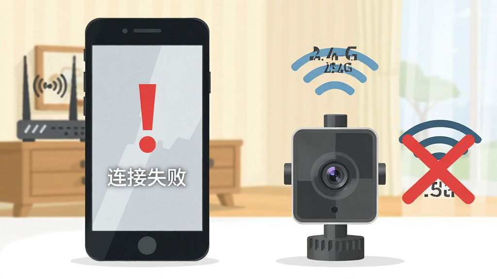 画面主体为一部手机和一个小型摄像头,手机屏幕显示红色感叹号和“连接失败”字样,摄像头旁边有2.4G和5G的WiFi信号图标,其中5G图标上打了一个红色叉号,背景为家居环境一角,布局为手机与摄像头并列,风格为扁平化提示插画,细节包括路由器图标、信号波纹,画质高清,干净,无多余元素