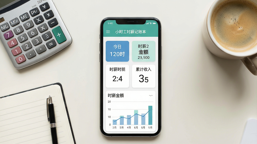 一张手机屏幕展示小时工时薪记账本主界面的场景图,画面中央是一部竖屏智能手机,手机屏幕上清晰显示小时工时薪记账本的记账首页,包含今日工时、时薪金额、累计收入等数据卡片,手机周围散落着计算器、笔记本和一杯咖啡,背景是简洁的浅色桌面,整体风格为清新扁平化UI风格,细节上突出手机屏幕中的数字与图表,画质高清,画面干净,无多余元素