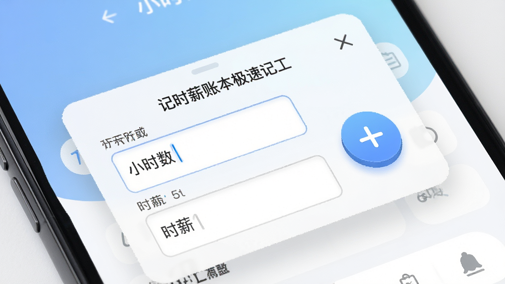一张展示小时工时薪记账本极速记工功能的界面截图风格图片,画面主体为手机屏幕特写,屏幕中显示小时工时薪记账本的快速记账弹窗,包含小时数输入框和时薪输入框,旁边有一个醒目的加号按钮,背景为柔和的蓝白渐变,风格为现代扁平化设计,细节上突出输入框和按钮的质感,画质清晰,画面干净,无多余元素
