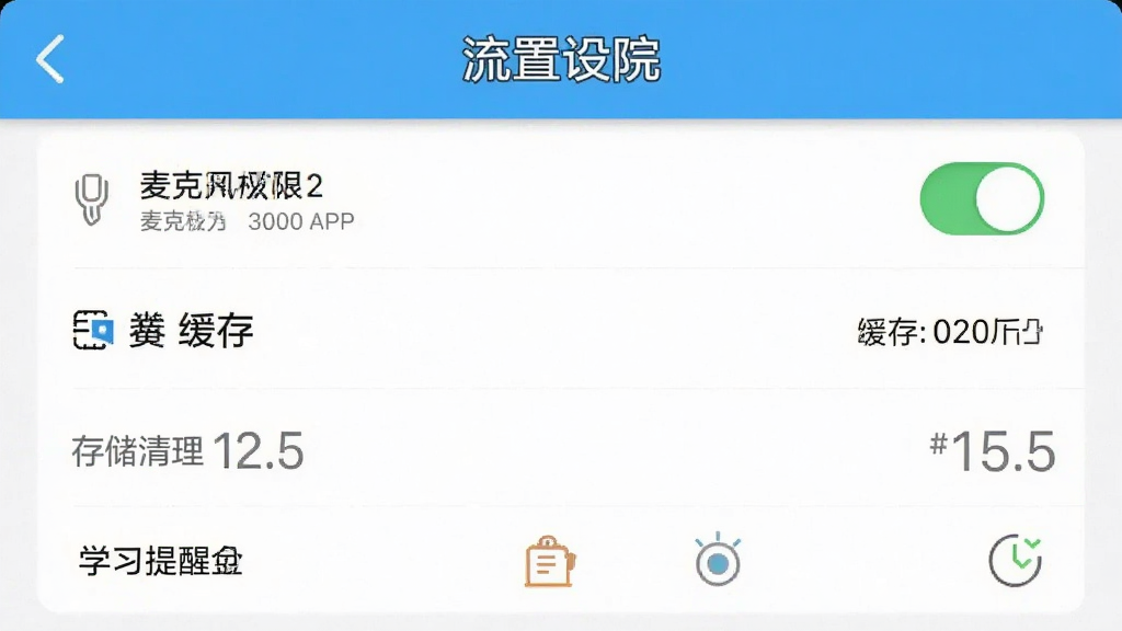 ����ѧԺAPP������ҳ���ͼ��չʾ��˷�Ȩ�ޡ��洢������ѧϰ���ѵ�ѡ���������Ϊ�����б�����������������࣬ϸ�ڰ���Ȩ�޿��غͻ����С��ʾ�����ʸ��壬�ɾ����޶���Ԫ��