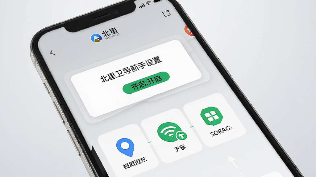 一张展示北星高清卫星导航新手设置引导页面的图片,画面为手机屏幕显示权限开启提示与操作步骤图示,屏幕上有定位图标、网络图标与存储图标,背景为浅灰色渐变,风格简洁明了,细节清晰,画质干净,无多余元素