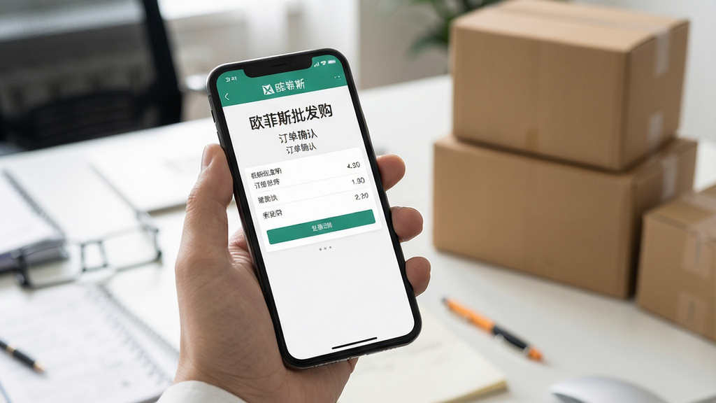 欧菲斯批发购移动端使用场景图,画面展示一只手握着手机,屏幕显示“欧菲斯批发购”订单确认页面,背景为办公桌与纸箱,风格写实商务,布局自然,细节丰富,画质清晰,无多余元素