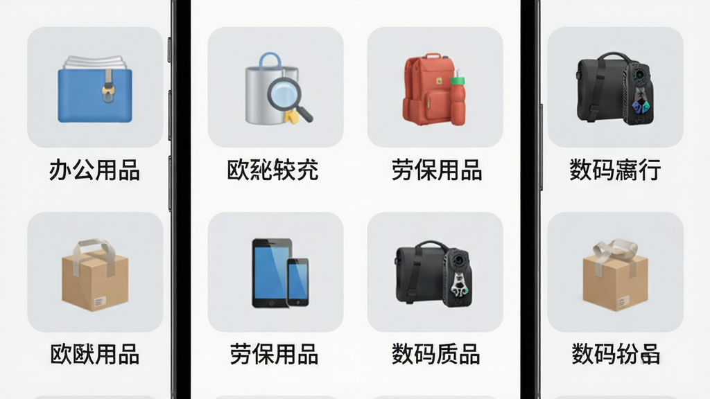 欧菲斯批发购商品分类页面预览图,画面展示手机屏幕内整齐排列的办公用品、劳保用品、数码设备等分类图标,每个图标下方标注中文分类名称,背景为浅灰色,风格简洁商务,布局网格状排列,细节清晰,画质干净,无多余元素