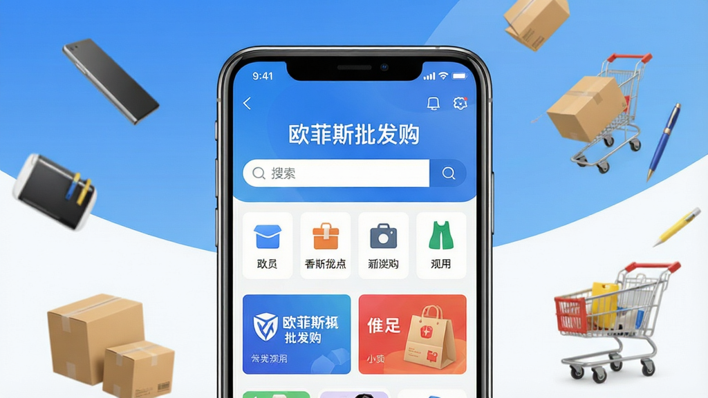 欧菲斯批发购手机应用界面展示,画面中央是一部智能手机,屏幕上显示“欧菲斯批发购”应用首页,页面包含商品分类图标、搜索栏与促销横幅,背景为简洁的蓝白渐变色调,周围漂浮办公用品、纸箱、购物车等元素,整体风格干净现代,布局居中对称,排版清晰,画质高清,无多余杂物