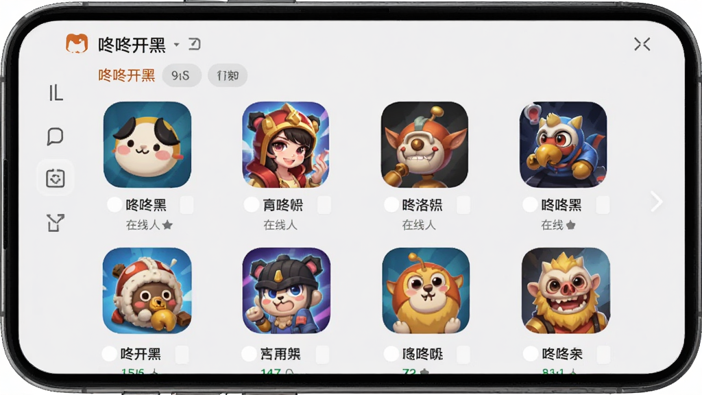一张展示咚咚开黑多游戏频道的图片,画面为手机屏幕显示咚咚开黑APP的游戏选择列表,屏幕内排列着多个游戏图标和名称,背景为浅灰色,布局为网格状,风格为扁平化设计,细节包括游戏分类标签和在线人数,画质高清,干净,无多余元素