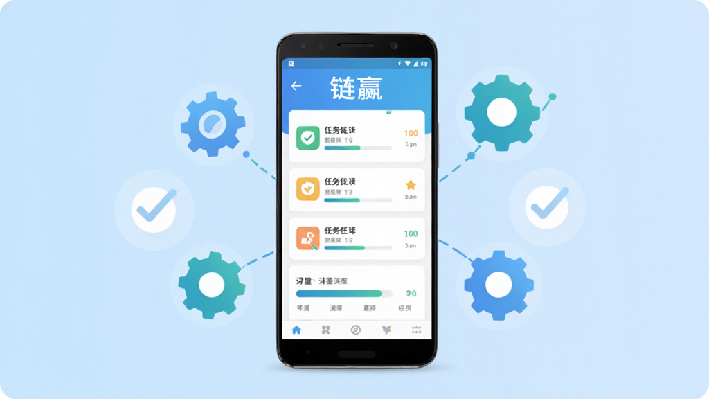 画面中央放置一部安卓手机,手机屏幕显示链赢应用主界面,界面内有任务列表与进度条元素,手机周围环绕简约的齿轮与对勾图标,整体采用扁平化科技风格,背景为浅蓝色渐变,画面干净明亮,文字清晰标注“链赢”,画质细腻无多余元素