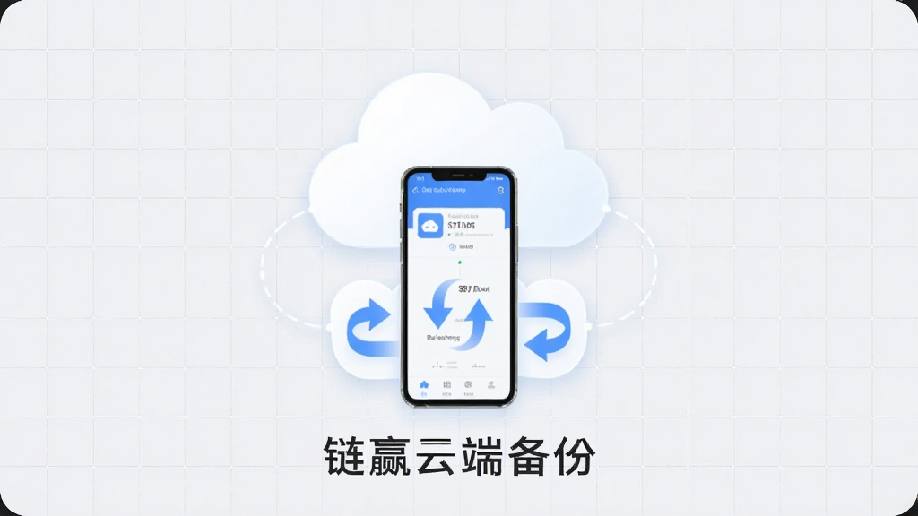 画面中心为云朵与手机连接的示意图,手机屏幕显示链赢数据同步界面,云朵下方有数据箭头双向流动,背景为淡灰色网格,风格简约商务,文字标注“链赢云端备份”,画质清晰干净,无杂乱元素
