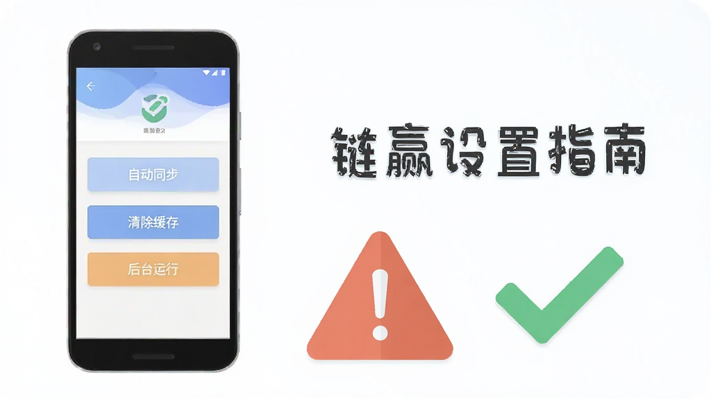 一部安卓手机屏幕显示链赢设置界面,界面中有“自动同步”“清除缓存”“后台运行”等选项按钮,手机旁放置一个感叹号警示图标与一个对勾图标,风格为扁平化说明图,配色柔和,文字标注“链赢设置指南”,画质干净清晰