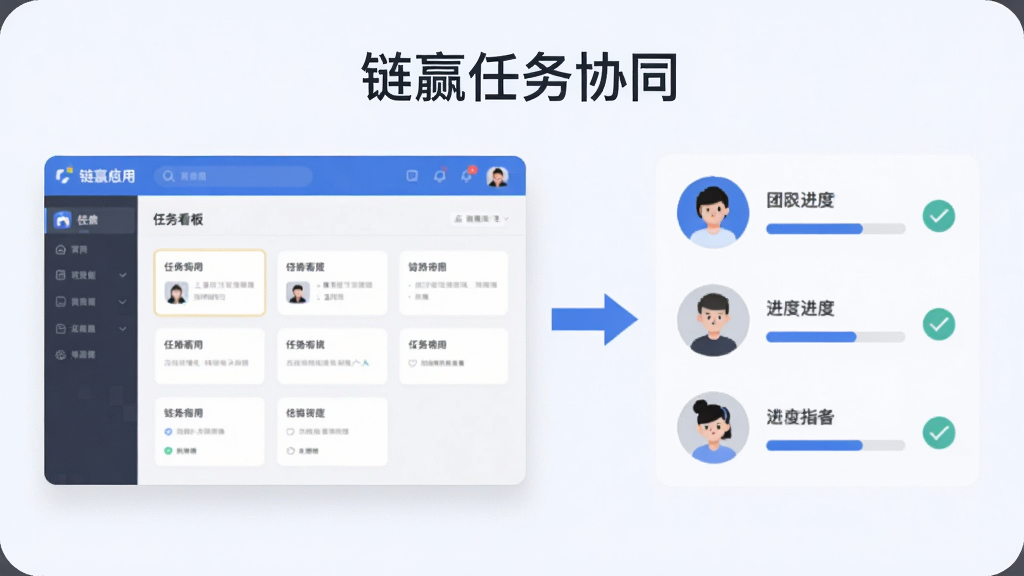 一张横向宽幅插图,左侧展示链赢应用内的任务看板界面,右侧用简洁图标表现团队成员头像与进度勾选,中间以箭头连接表示信息流转,整体风格为现代办公插画,配色以蓝白灰为主,画面整洁清晰,文字标注“链赢任务协同”,画质干净