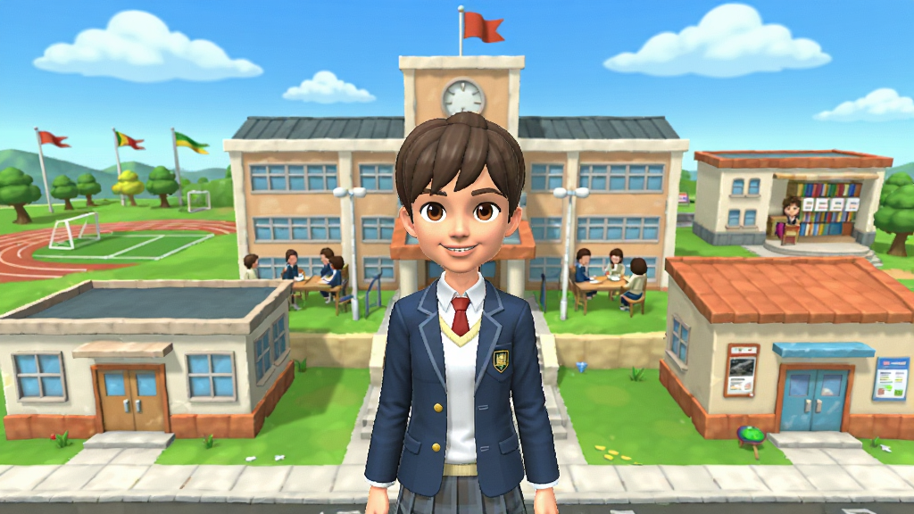 学校生活模拟器2游戏主界面截图,画面中央是穿着校服的学生角色站在教学楼前,背景有操场和蓝天白云,周围分布着教室、食堂、图书馆等建筑入口,整体风格为明亮卡通渲染,画面干净整洁,色彩清新自然,高画质,无多余元素