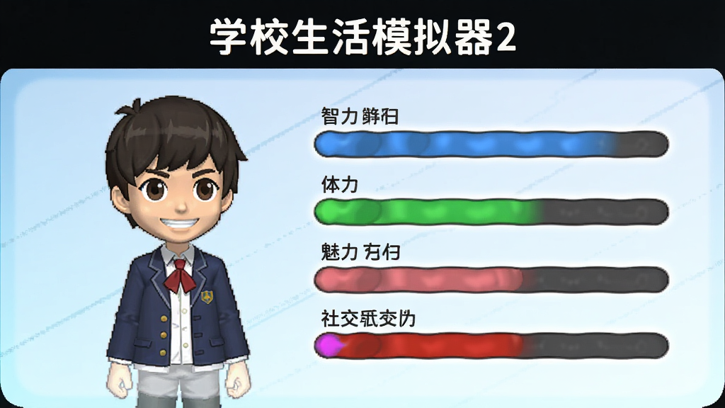 学校生活模拟器2角色属性面板界面,画面中显示一名校服角色的智力、体力、魅力、社交四项属性条,每条属性用不同颜色标识,界面风格简洁卡通,背景为淡蓝色渐变,文字清晰可读,整体布局规整,高画质,无多余装饰元素