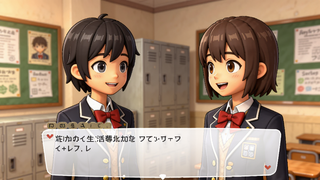 学校生活模拟器2剧情对话场景,画面中两名校服角色在教室走廊对话,对话框显示在屏幕下方,背景有储物柜和公告栏,整体风格为日系卡通渲染,色调温暖,人物表情生动,画面干净,高画质,无多余元素