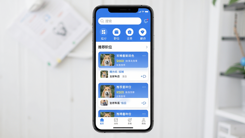 招聘兽APP主界面展示,手机屏幕竖版布局,顶部搜索框和职位分类图标,中部为推荐职位卡片列表,底部导航栏,风格简洁现代,主色调为蓝色与白色,细节清晰,画质干净,无多余元素