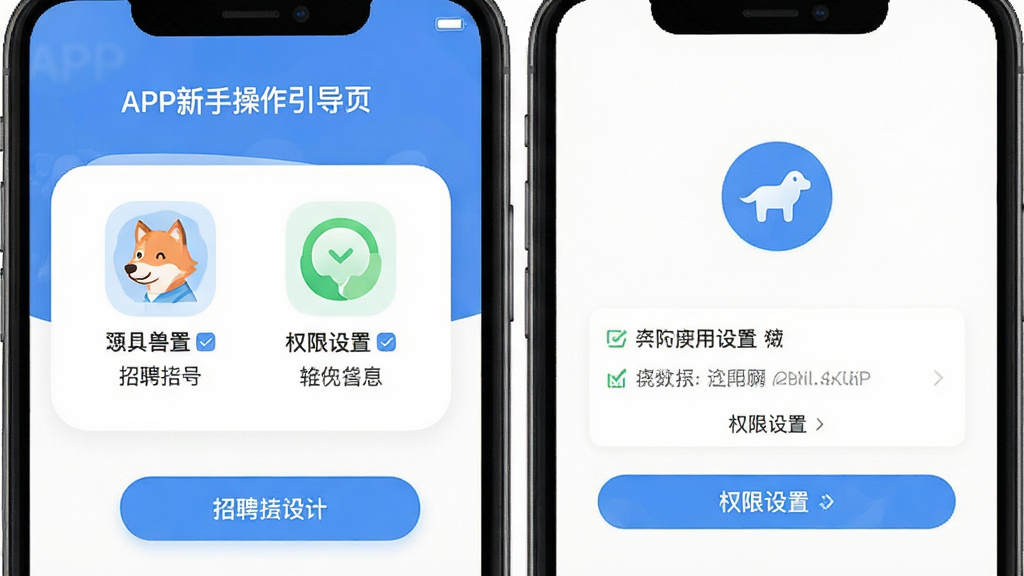 招聘兽APP新手操作引导页面,手机屏幕展示步骤提示和权限设置界面,图标清晰,排版简洁,风格清新,画质干净,无多余元素