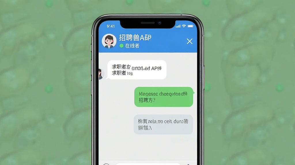 招聘兽APP在线沟通界面,手机屏幕展示聊天对话框,左侧为求职者消息气泡,右侧为招聘方回复气泡,顶部显示企业名称和在线状态,背景干净,风格简约,画质清晰,无多余元素