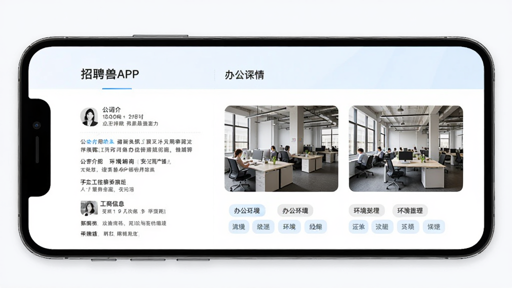 招聘兽APP企业详情页面,手机屏幕展示公司介绍、工商信息、办公环境照片和环境标签,排版整齐,配色柔和,风格商务简洁,画质干净,无多余元素