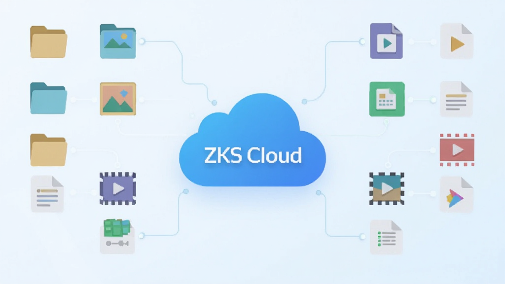 一张展示 ZKS Cloud 软件主界面的图片,画面中央是悬浮的云朵形状图标,周围环绕着文件夹、照片、文档、视频等彩色小图标,背景为浅蓝色渐变科技风格,布局简洁对称,风格清新扁平化,细节处有细微的连线表示数据同步,画质清晰干净,无多余元素。