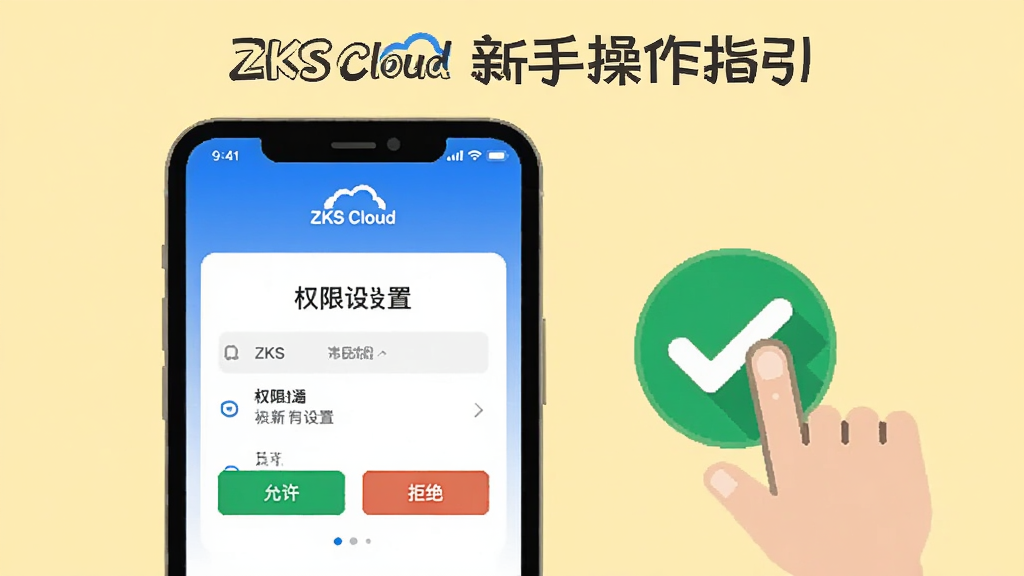 ZKS Cloud 新手操作指引图,画面中一部手机屏幕显示 ZKS Cloud 的权限设置页面,旁边有手指点击的图标和绿色对勾,背景为浅黄色,风格为扁平化说明图,细节处有“允许”“拒绝”按钮文字,画质清晰干净,无多余元素。