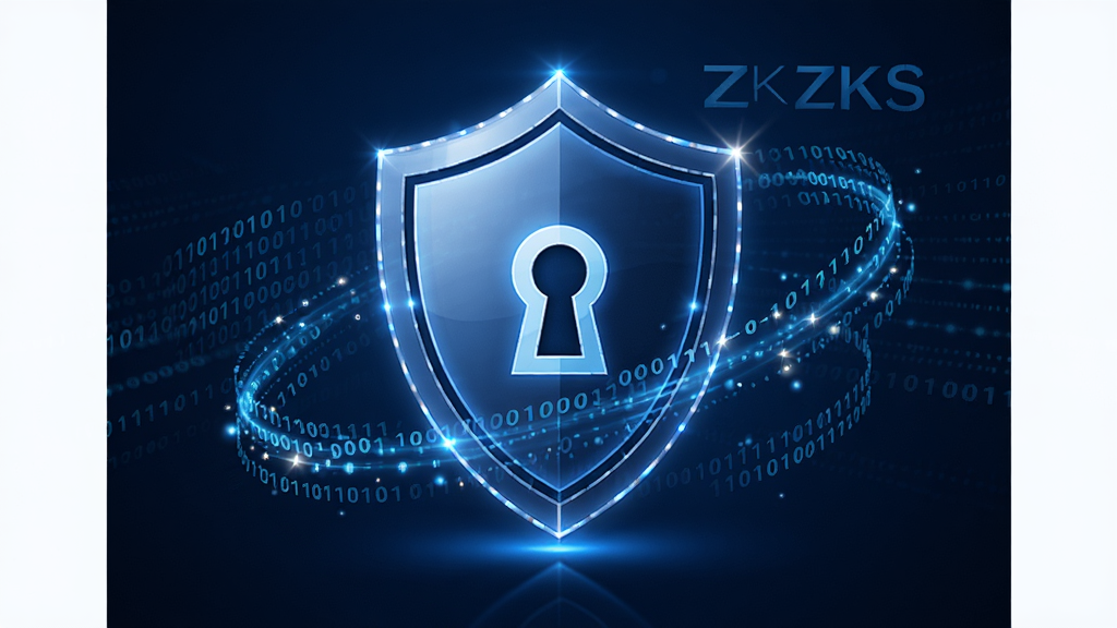 ZKS Cloud 安全加密概念图,画面中央是一个发光的盾牌,盾牌表面有锁孔图案,盾牌周围环绕着数据流线条和二进制数字,背景为深蓝色渐变,风格为现代科技感,细节处盾牌边缘有细微的高光,画质干净清晰,无多余元素。