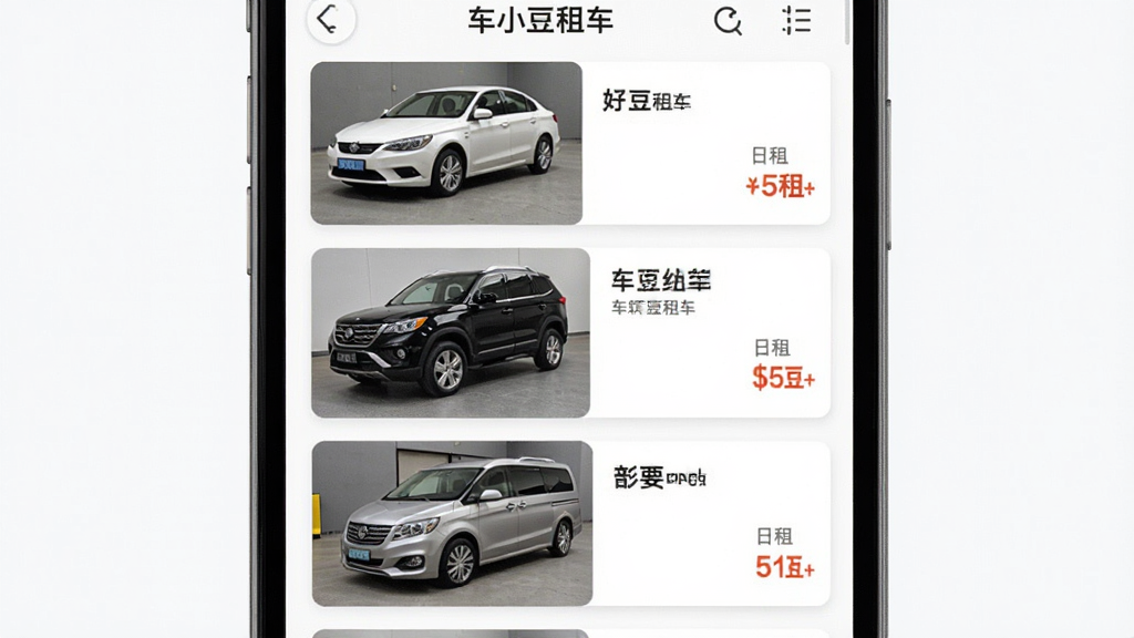 ��С���⳵Ӧ���ڳ���ѡ����棬��������Ϊ�ֻ���Ļչʾ���������Ƭʽ�б���������ɫ�γ�����ɫSUV����ɫ���񳵣�ÿ�ſ�Ƭ���г���ͼƬ�����ƺ�����۸񣬲���Ϊ��ֱ�����б������Ϊ��ƽ��UI��ƣ�ϸ�ڰ���ɸѡ��ť������ͼ�꣬���������������ɾ���������Ԫ�أ�ͼƬ�����ֱ�ע����С���⳵��