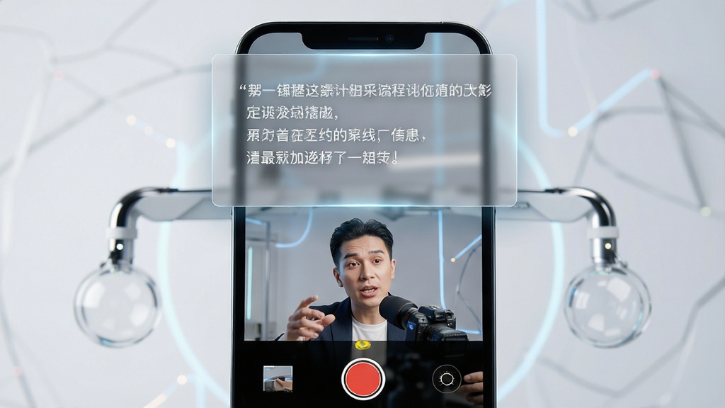 一部智能手机屏幕上方悬浮着半透明的提词文字框,下方是相机录制界面,画面中人物正在对着镜头讲话,整体风格为科技感产品展示图,布局清晰,画质高清,干净无多余元素