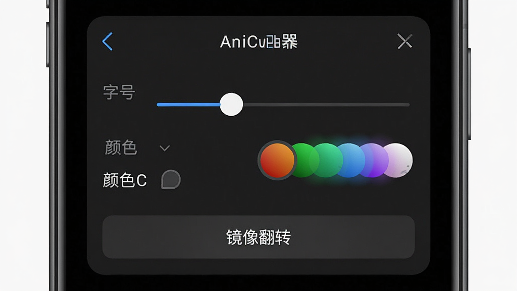 手机屏幕上显示录制提词器的字体设置面板,包含字号调节、颜色选择、镜像翻转按钮等选项,背景为深色主题界面,风格为应用功能展示图,布局合理,画质高清,干净无多余元素