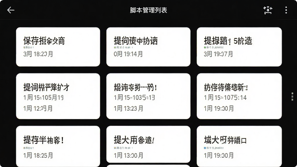 录制提词器应用内的脚本管理列表页面截图,显示多条已保存的提词文稿标题和创建时间,界面为卡片式布局,风格清新简洁,画质高清,干净无多余元素