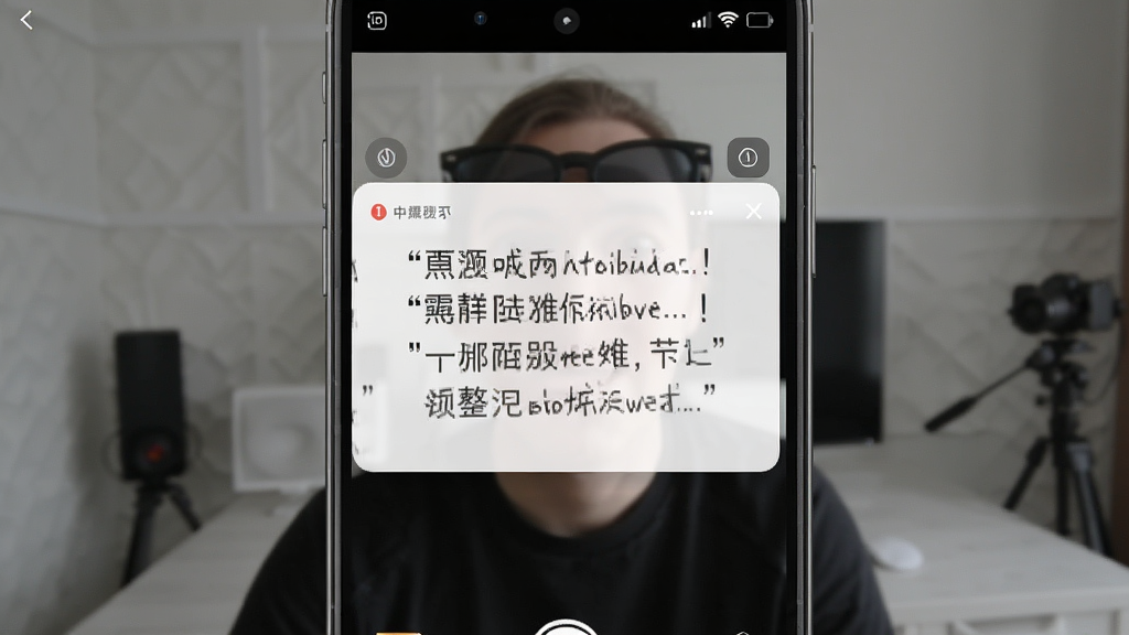 一张展示手机屏幕上显示滚动提词文字的界面截图,画面中央是录制提词器应用的悬浮提词窗口,背景为正在录制视频的相机预览画面,界面简洁清晰,风格为真实手机应用展示,画质高清,干净无多余元素