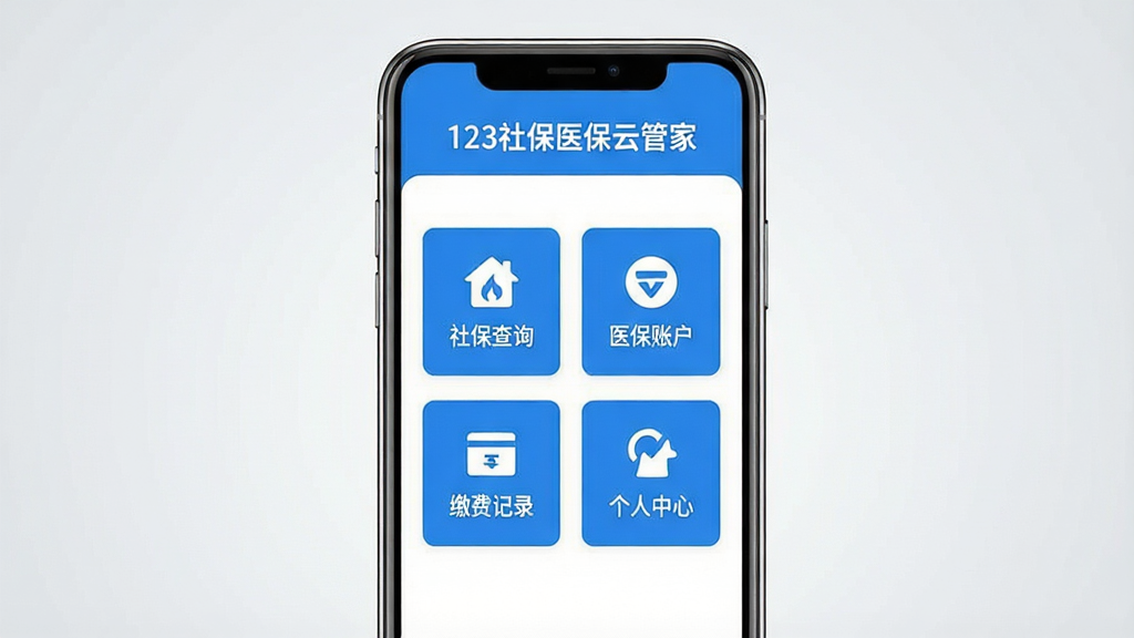 一张展示123社保医保云管家手机应用主界面的图片,画面中央是一部竖屏智能手机,屏幕上清晰显示蓝色和白色为主色调的应用界面,界面顶部有“123社保医保云管家”文字标识,中部展示社保查询、医保账户、缴费记录、个人中心四个功能图标,布局简洁整齐,背景为柔和的浅灰渐变,整体风格干净清爽,画质清晰,无多余元素