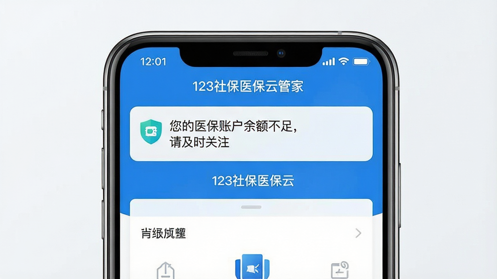 一张展示123社保医保云管家消息提醒功能的手机界面图片,画面中手机屏幕显示一条推送通知,通知内容为“您的医保账户余额不足,请及时关注”,通知栏下方是应用主界面,界面顶部有“123社保医保云管家”文字,整体风格简洁商务,配色以蓝白为主,画质清晰,布局干净,无多余装饰元素