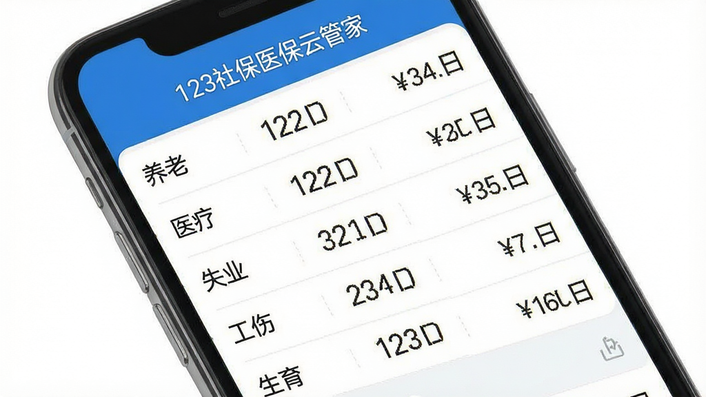 请生成一张展示123社保医保云管家社保查询功能的手机应用截图风格图片,画面主体为手机屏幕,屏幕上显示社保缴费明细列表,包含养老、医疗、失业、工伤、生育五个险种的缴费状态与金额,界面采用蓝色系配色,文字清晰可读,顶部有“123社保医保云管家”名称,整体布局规整,风格简洁现代,画质高清,干净无杂物