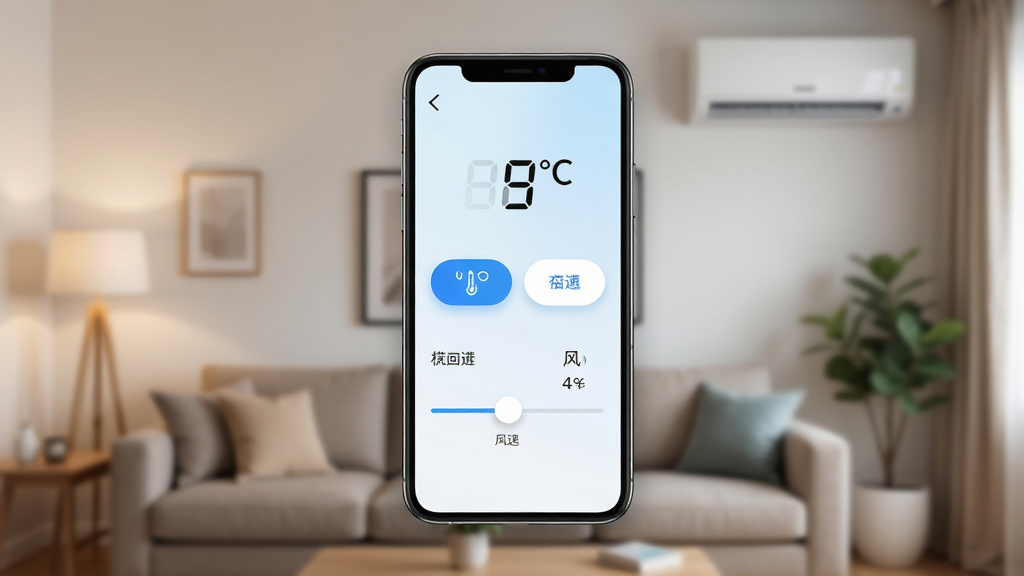 主体是一部智能手机,屏幕上显示着空调家电智能遥控器的操作界面,界面中有温度显示、模式切换按钮和风速调节滑块。布局采用居中构图,手机悬浮在画面中央。排版上手机下方有淡淡的家居环境虚化背景,风格为现代科技感与居家温馨感结合。细节上手机屏幕清晰明亮,按键图标精致,背景有客厅沙发和空调的模糊轮廓。画质要求4K高清,画面干净,无多余元素。