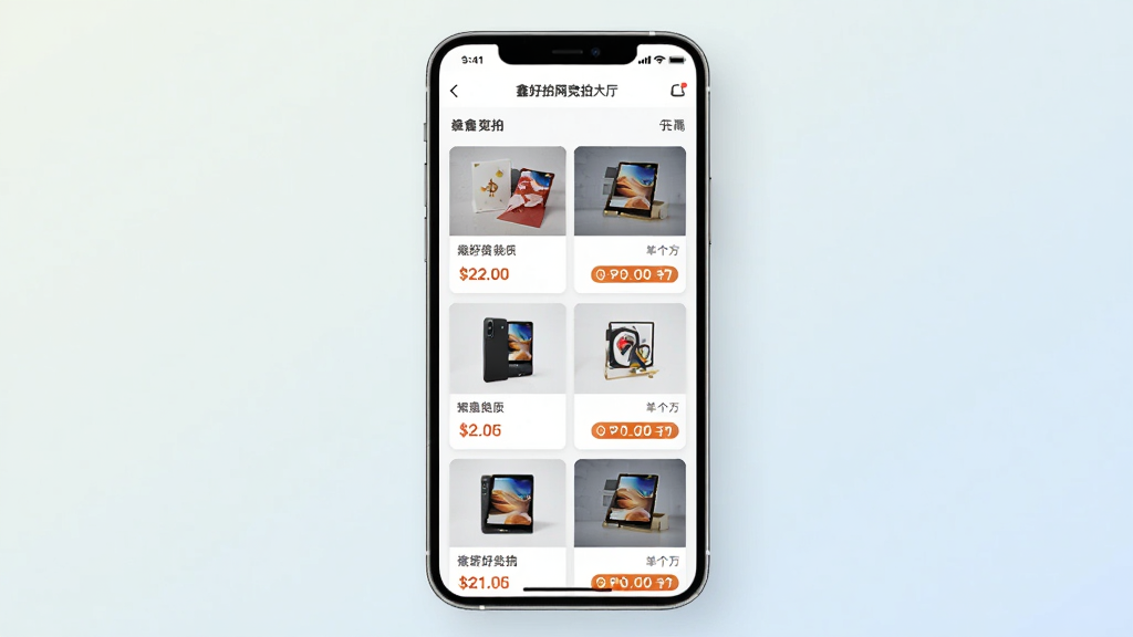 一部手机屏幕中展示鑫好拍网竞拍大厅界面,画面以手机为主体居中放置,屏幕内呈现多个商品卡片纵向排列,卡片带有图片、价格和倒计时条,背景为浅色渐变,风格简洁现代,细节清晰,画质干净无多余装饰