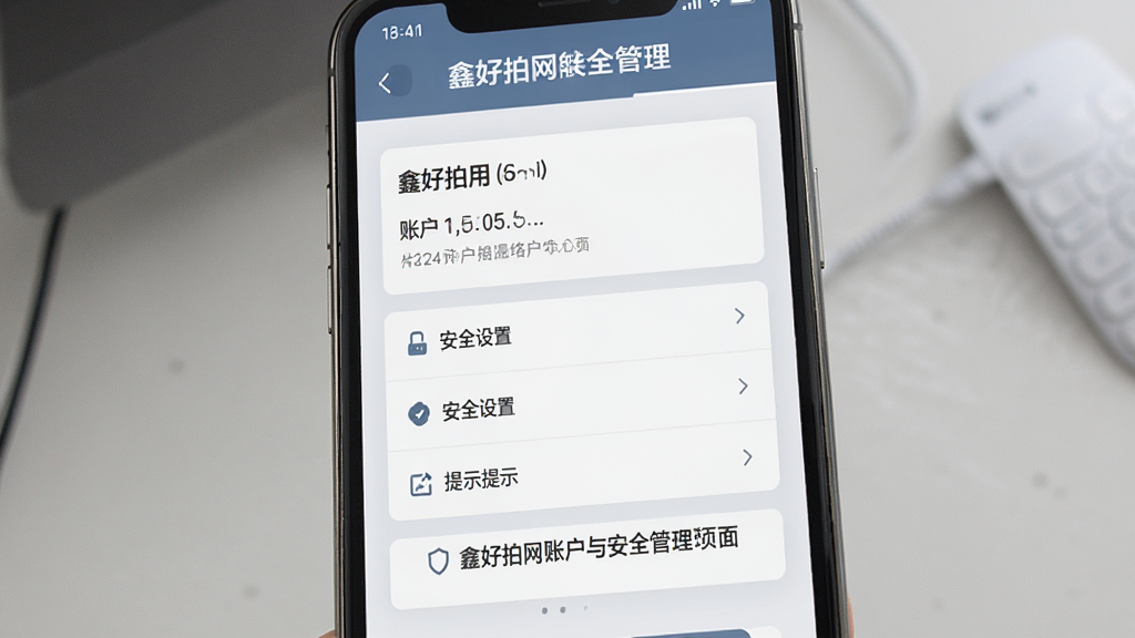 鑫好拍网账户与安全管理页面,手机屏幕显示账户信息、安全设置选项和提示文字,画面简洁,风格稳重,配色以蓝灰为主,细节清晰,无多余元素,高清画质