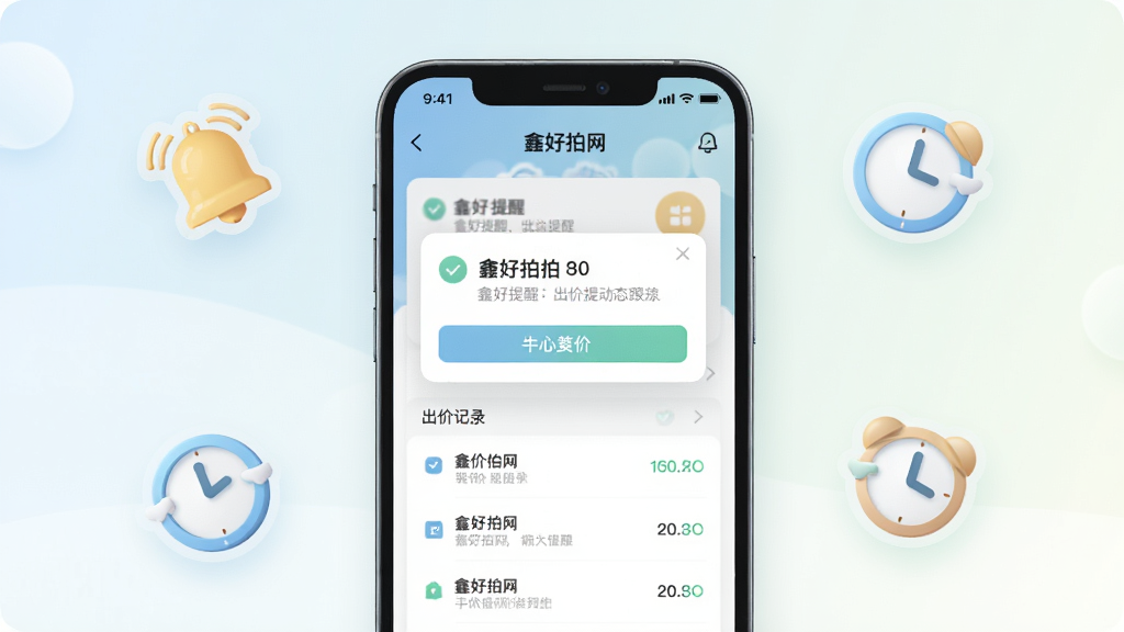 手机界面展示鑫好拍网出价提醒与动态跟踪页面,画面中手机屏幕显示一条提醒弹窗和出价记录列表,周围点缀铃铛和时钟图标,布局居中,风格清爽,配色柔和,细节干净,高清画质
