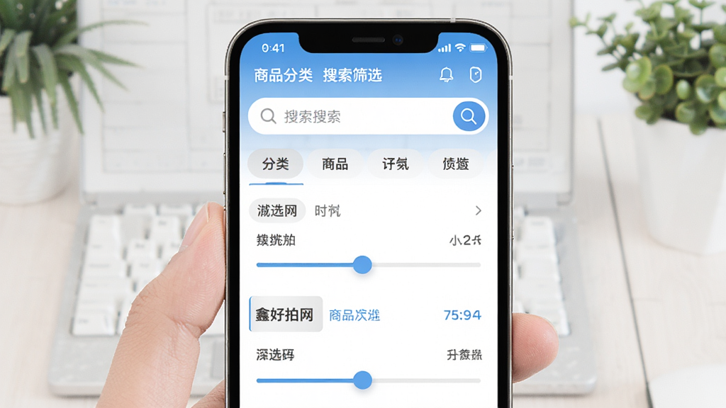 鑫好拍网商品分类与搜索筛选界面,手机屏幕中显示搜索框和分类标签,下方有筛选条件滑块,画面以手机为中心,背景简洁,风格明快,细节清晰,画质干净