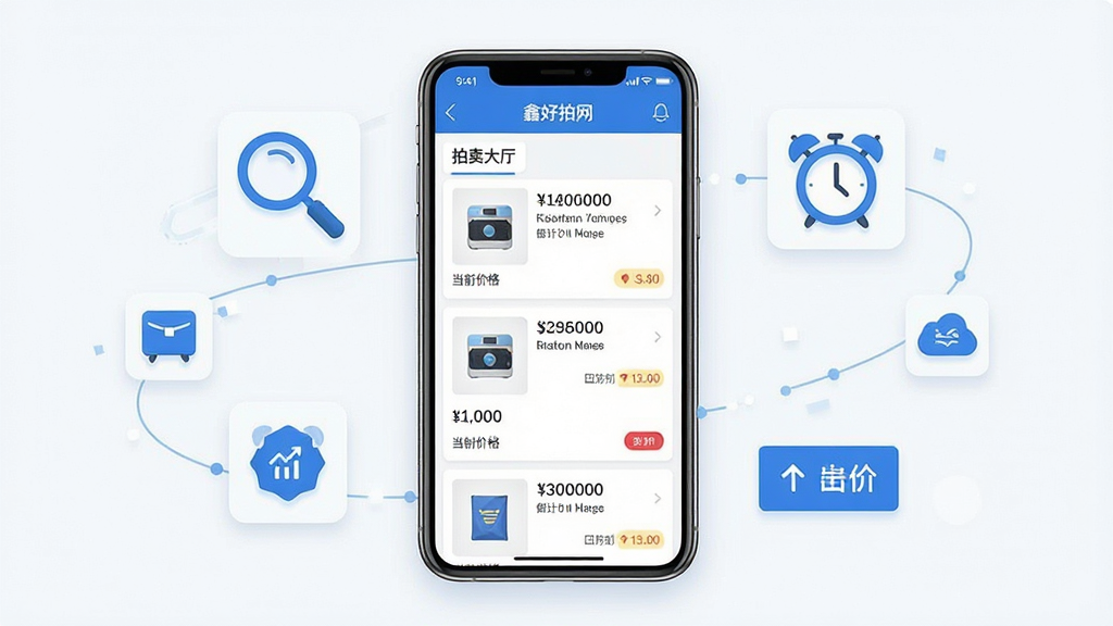 一张展示鑫好拍网移动端主界面的场景图,画面中央是一部竖屏手机,屏幕中显示鑫好拍网拍卖大厅列表,包含商品缩略图、当前价格和倒计时信息,手机周围环绕简洁的图标元素如放大镜、闹钟、出价按钮,整体布局清晰,采用扁平化科技风格,配色以蓝白为主,细节干净利落,画面明亮无杂乱元素,高清画质