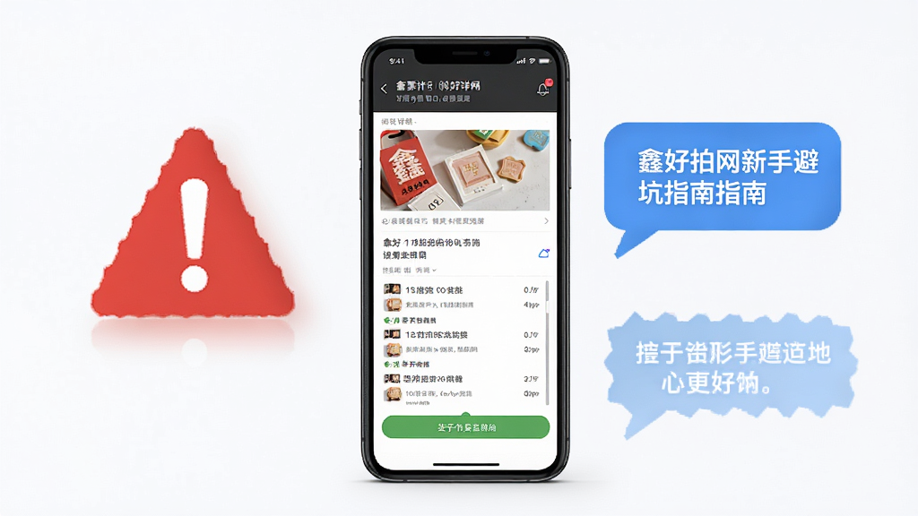 鑫好拍网新手避坑指南示意图,画面中一部手机显示拍卖详情页,旁边有红色警示标志和蓝色提示气泡,布局左右分列,风格简洁直观,细节清晰,背景干净,高清画质