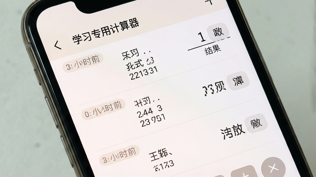 一张学习专用计算器历史记录界面图,画面主体为学习专用计算器在手机屏幕上的历史记录页面,布局为列表式排版,顶部显示“学习专用计算器”字样,下方逐条展示计算记录,风格为素雅浅色学习工具风,细节包含时间标签、算式内容、结果数值、清空按钮,画质清晰,干净,无多余元素